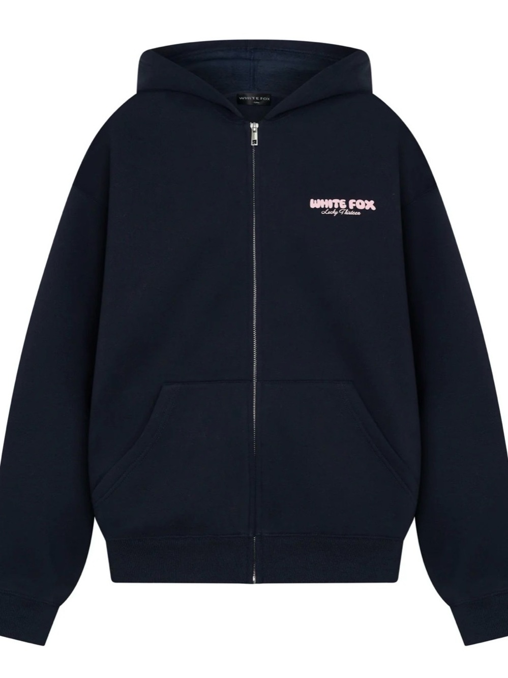 White Fox Boutique Navy Zip-Up Hoodie with Pink Logo